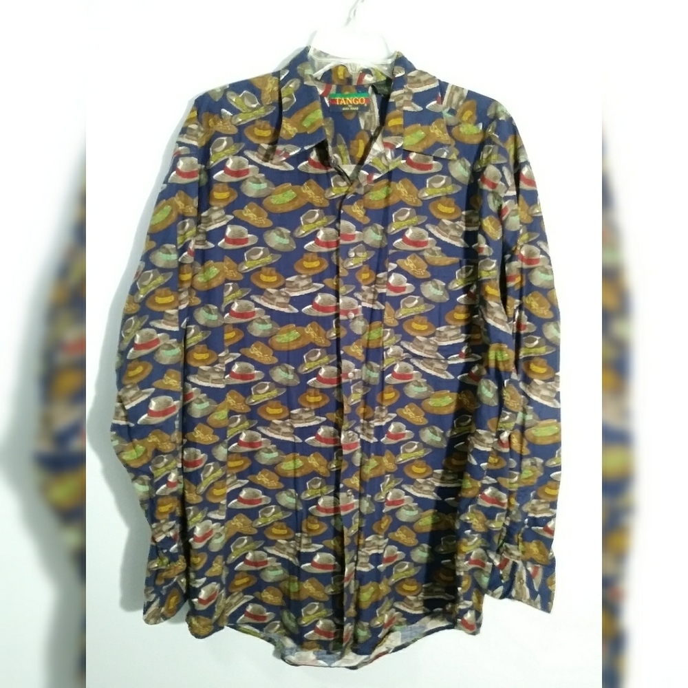 Mens VTG Tango by by Max Raab all over print Hat design Button up sz XL